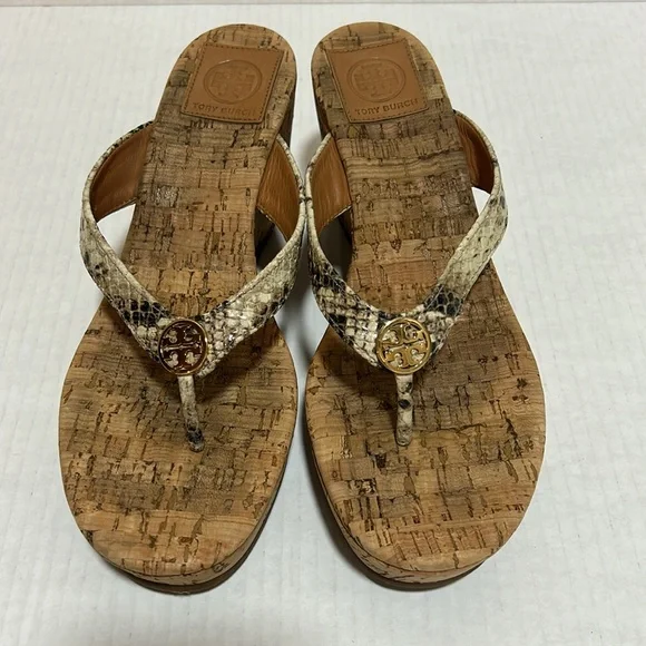 Tory Burch Suzy Sandals Snakeskin Cork Platform Wedge Leather - Size 7.5 - Picture 2 of 11